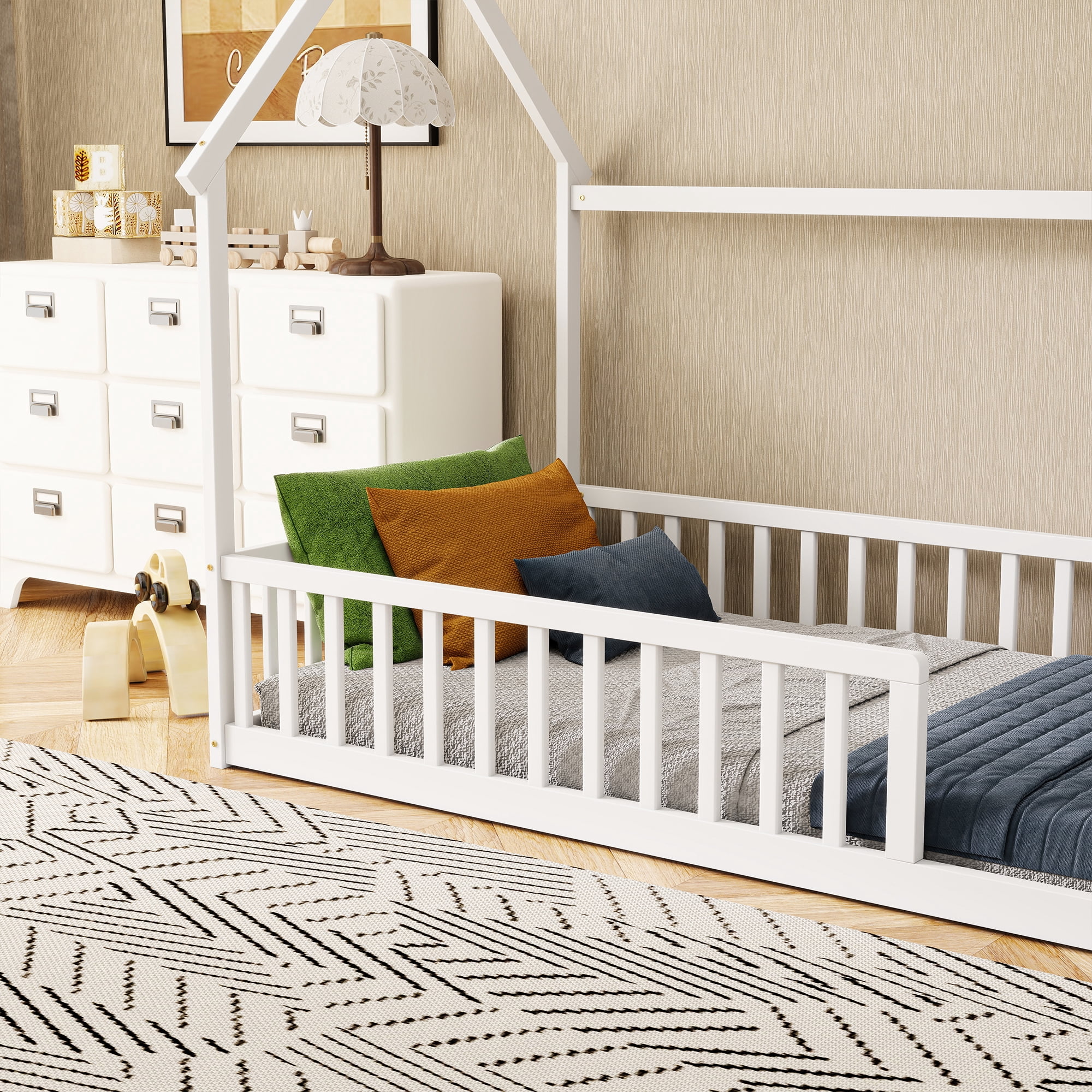 Twin White House Floor Bed with Full Safety Fence, Solid Pine Wood Montessori Kids Playhouse Bed Frame No Box Spring Needed Max 250 LBS for Toddler Bedroom Nursery