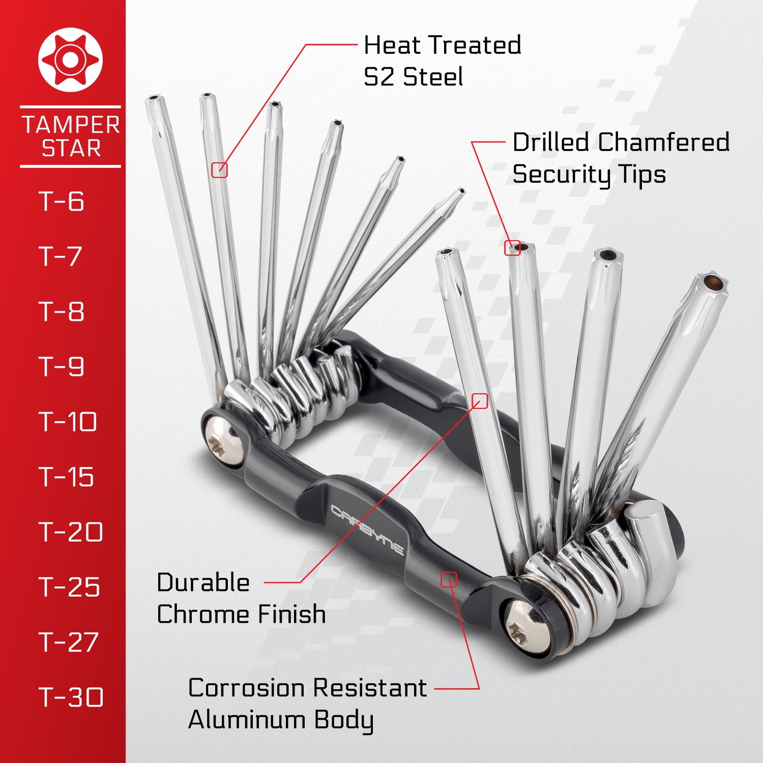 CARBYNE 10 Piece Folding Tamper Star Wrench Set, T-6 to T-30 Star/Torx Sizes, S2 Steel, Drilled Chamfered Security Tips, Durable Chrome Finish, Corrosion Resistant Aluminum Body