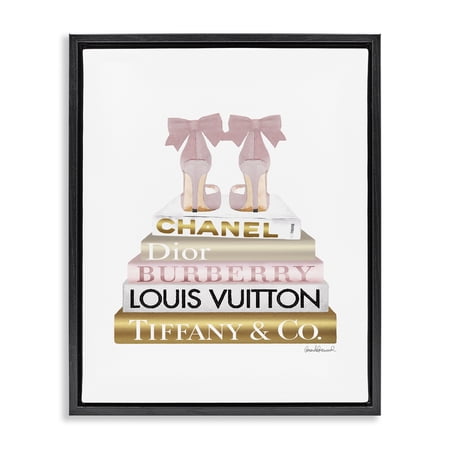 Stupell Industries Pink Gold Heels Bookstack Beauty & Fashion Painting Black Floater Framed Canvas Art Print Wall Art  25 x 31