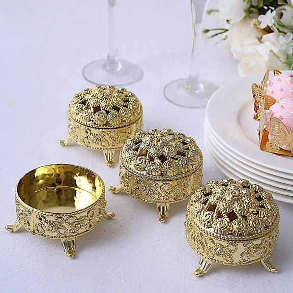 BalsaCircle 12 Metallic Gold 2.5 in Mini Round Candy Gift Boxes Vintage Favor Holders Party Decorations