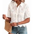 thumbnail image 3 of Women Short Sleeve Button Down Collared Blouses Embroidery Eyelet Top White XXL, 3 of 8