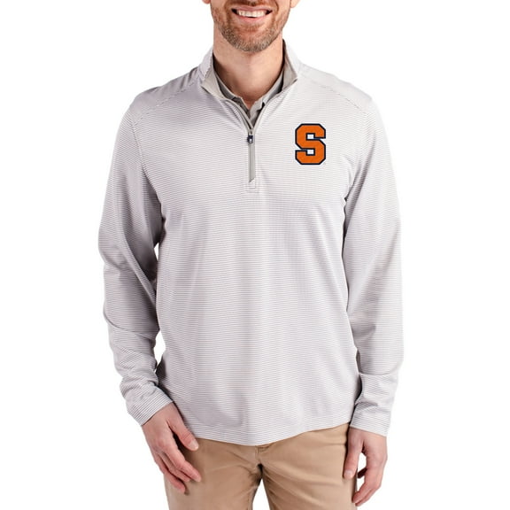 Men's-Cutter & Buck  Gray Syracuse Orange Virtue Micro Stripe DryTec Quarter-Zip Pullover