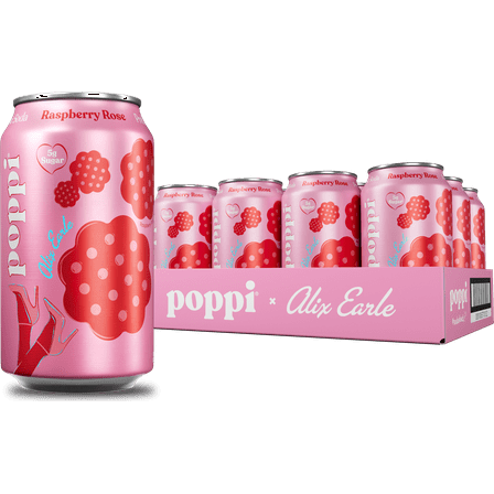 Poppi Alix  Earle Raspberry Rose  Prebiotic Soda, 12 oz, 12 Pack Cans