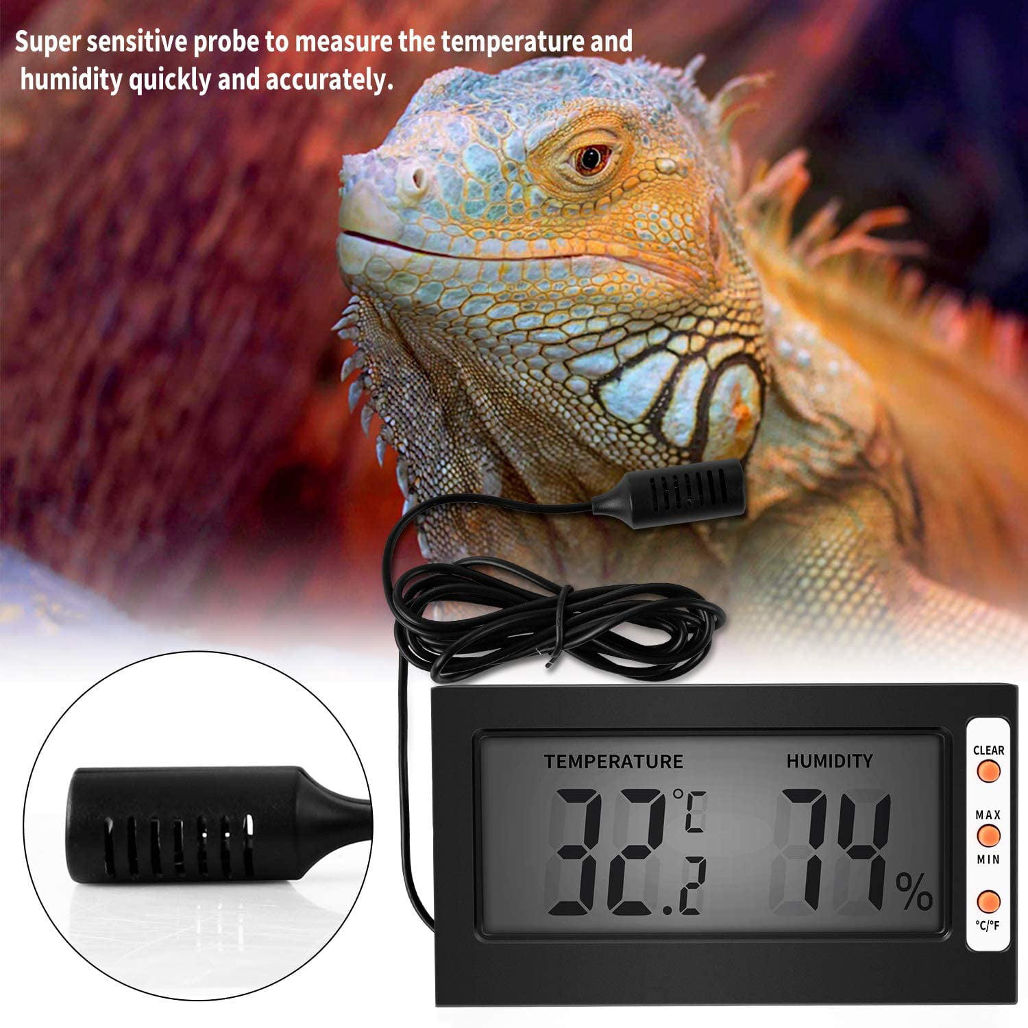 Simple Deluxe Digital Thermohygrometers and Hygrometer with Temperature and Humidity Probe for Reptile Tank, Black