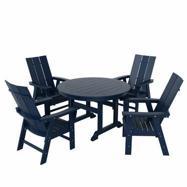 WestinTrends Ashore 5 Pieces Adirondack Outdoor Dining Set, All Weather Poly Lumber Slatted Modern Farmhouse Patio Furniture Set, 47" Trestle Round Table and 4 Adirondack Dining Chair, Navy Blue