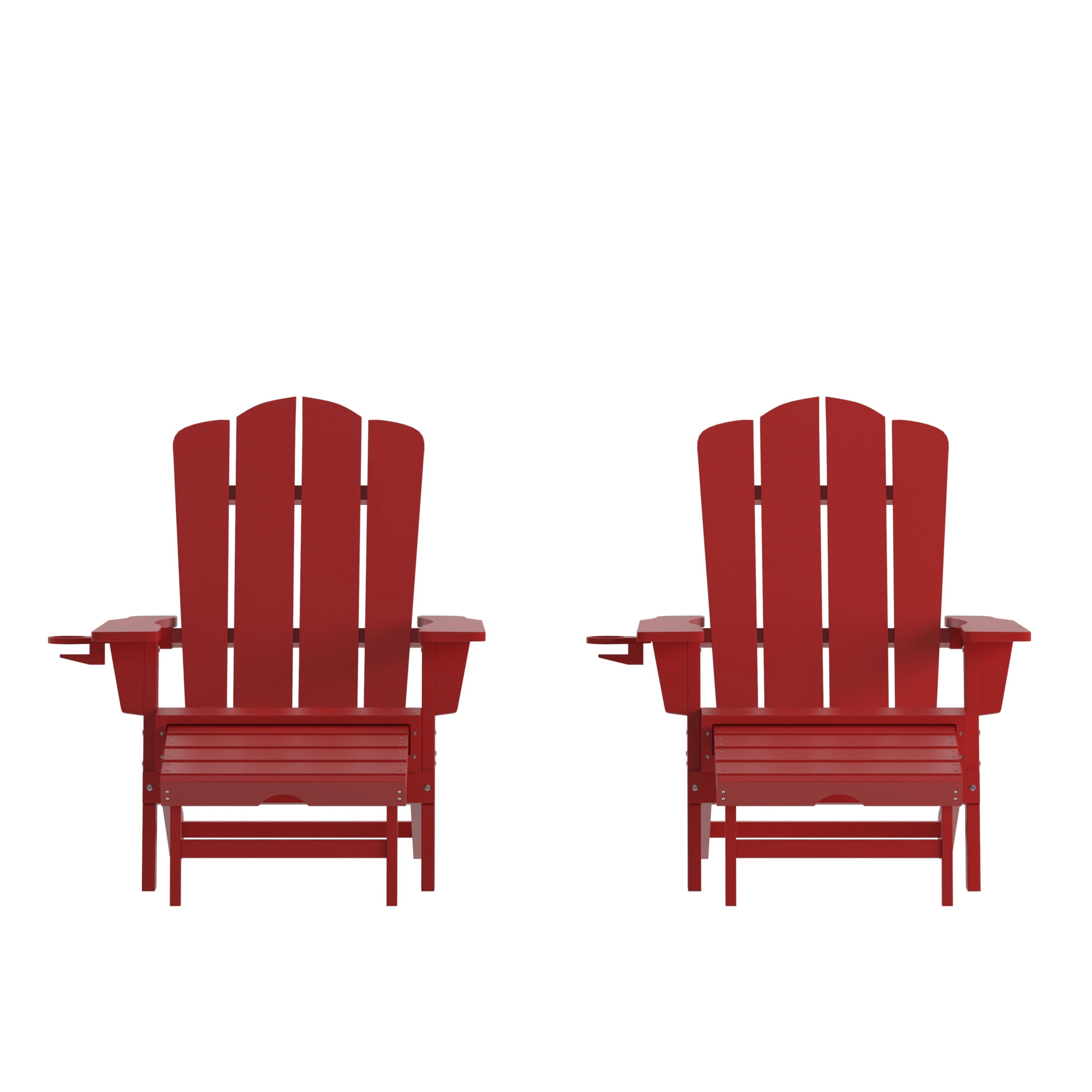 BizChair HDPE Adirondack Chair with Cup Holder and Pull Out Ottoman, All-Weather HDPE Indoor/Outdoor Lounge Chair in Red, Set of 2