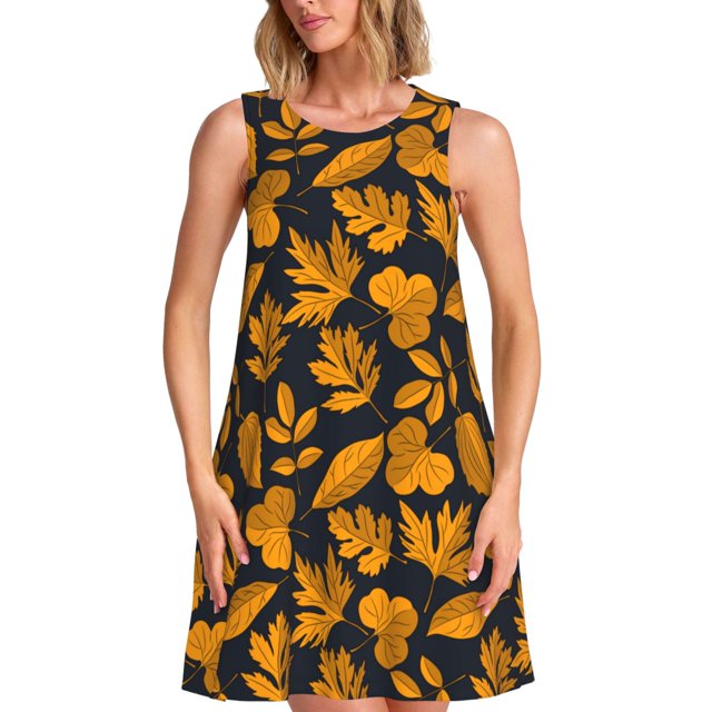 Fotbe fall leaf Vestido de Verano sin Mangas para Mujer – Vestido Midi Línea A, Estilo Camiseta Floral, Vestido Playero Casual y Fluido