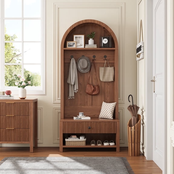 LSKTGA Hall Tree with Bench & Shoe Storage, Entryway Coat Rack with 4 Hooks, Farmhouse Organizer, Freestanding Hall Tree for Entryway, Hallway, Walnut