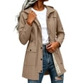 thumbnail image 2 of Wovilon Women's Waterproof Hooded Rain Jacket with Drawstring Waist, Lightweight Plaid Lined Trench Coat, Casual Outdoor Windbreaker for Spring Fall Travel, 2 of 9