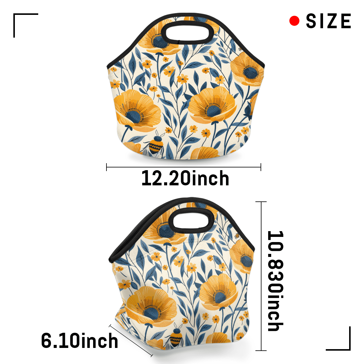 Herdesigns Yellow Floral Neoprene Lunch Bag, Bee Flower Insulated Lunch Box for Women Men Washable Lunch Tote Soft Lunch Container With Zipper for Work Picnic Travel
