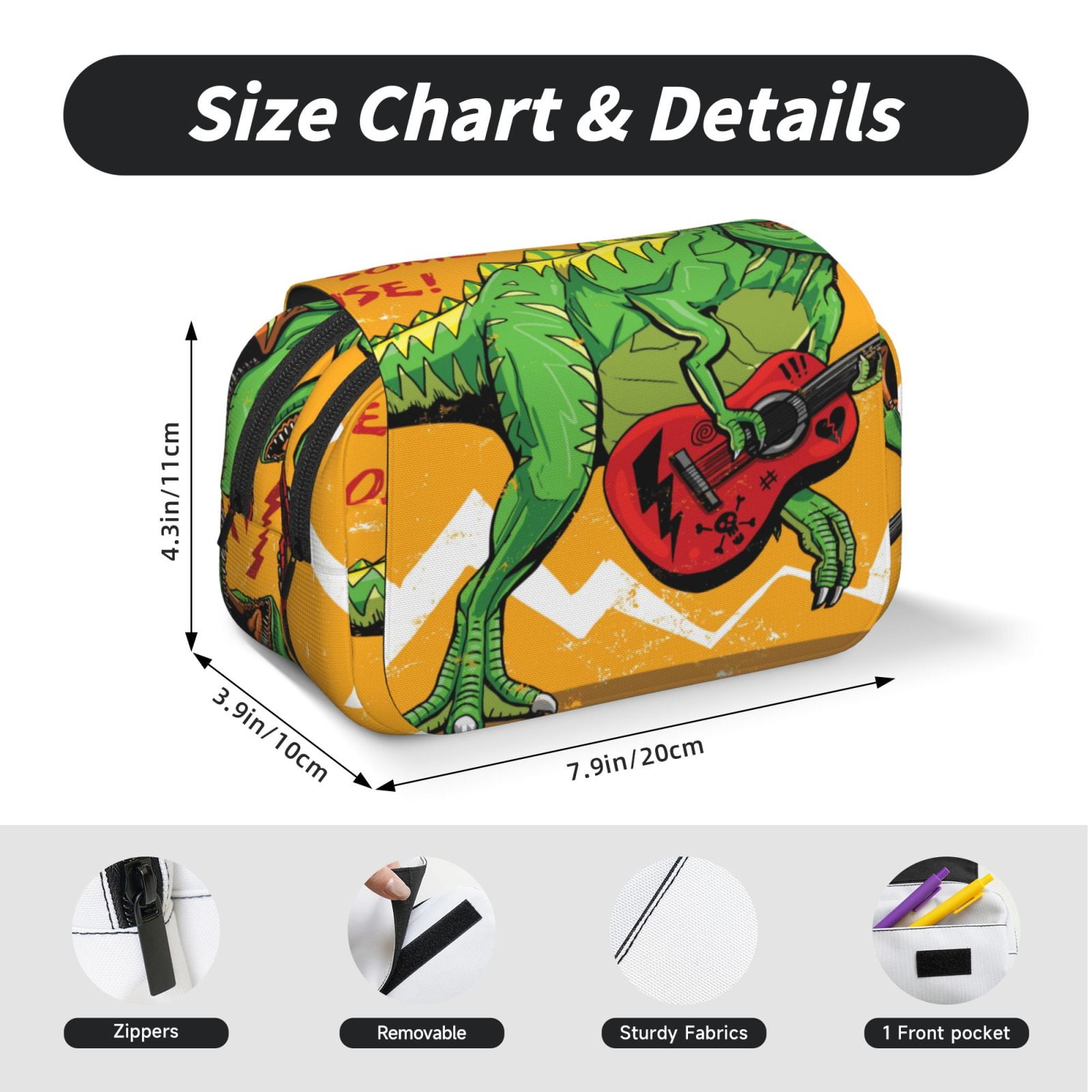 Rateoe Cool Dinosaur Playing Guitar Pattern Double Clamshell Pen Case, Storage Organizer with Two Zipper Compartments– Holds Up to 50 Pencils & Pens