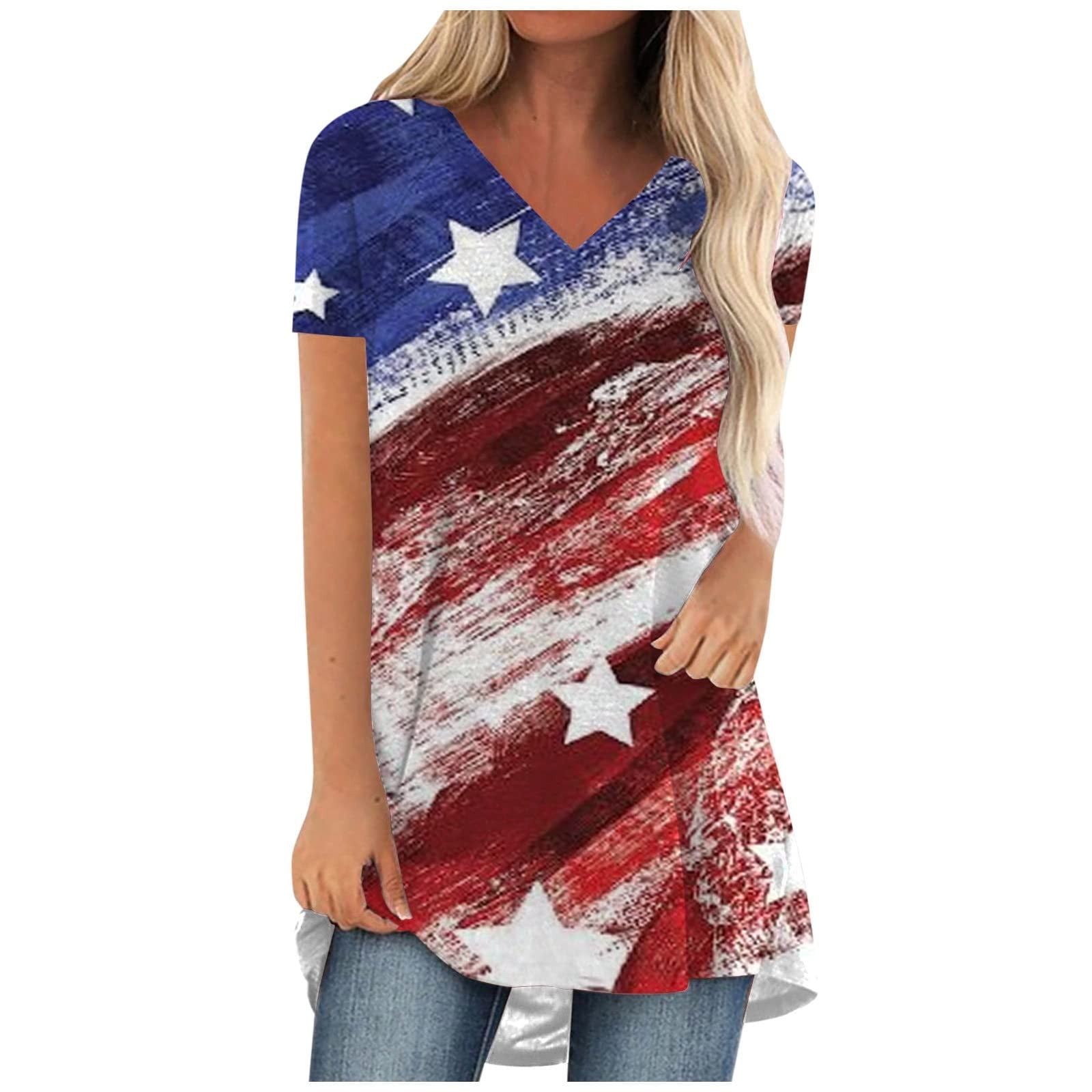 USSUMA Short Sleeve Womens Blouses and Tops Dressy Patriotic Flag Print ...