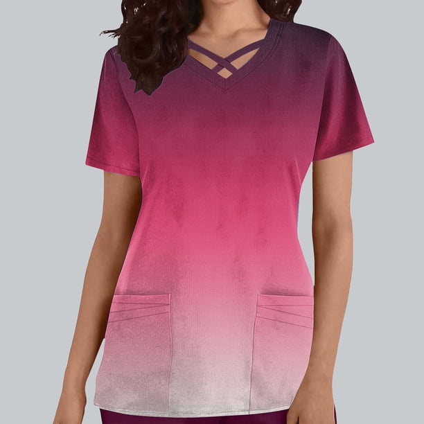 Fiudx Tops para Mujer Top de Ropa de Enfermería con Bolsillo y Cuello En V de Manga Corta de Color Degradado Informal a La Moda para Mujer