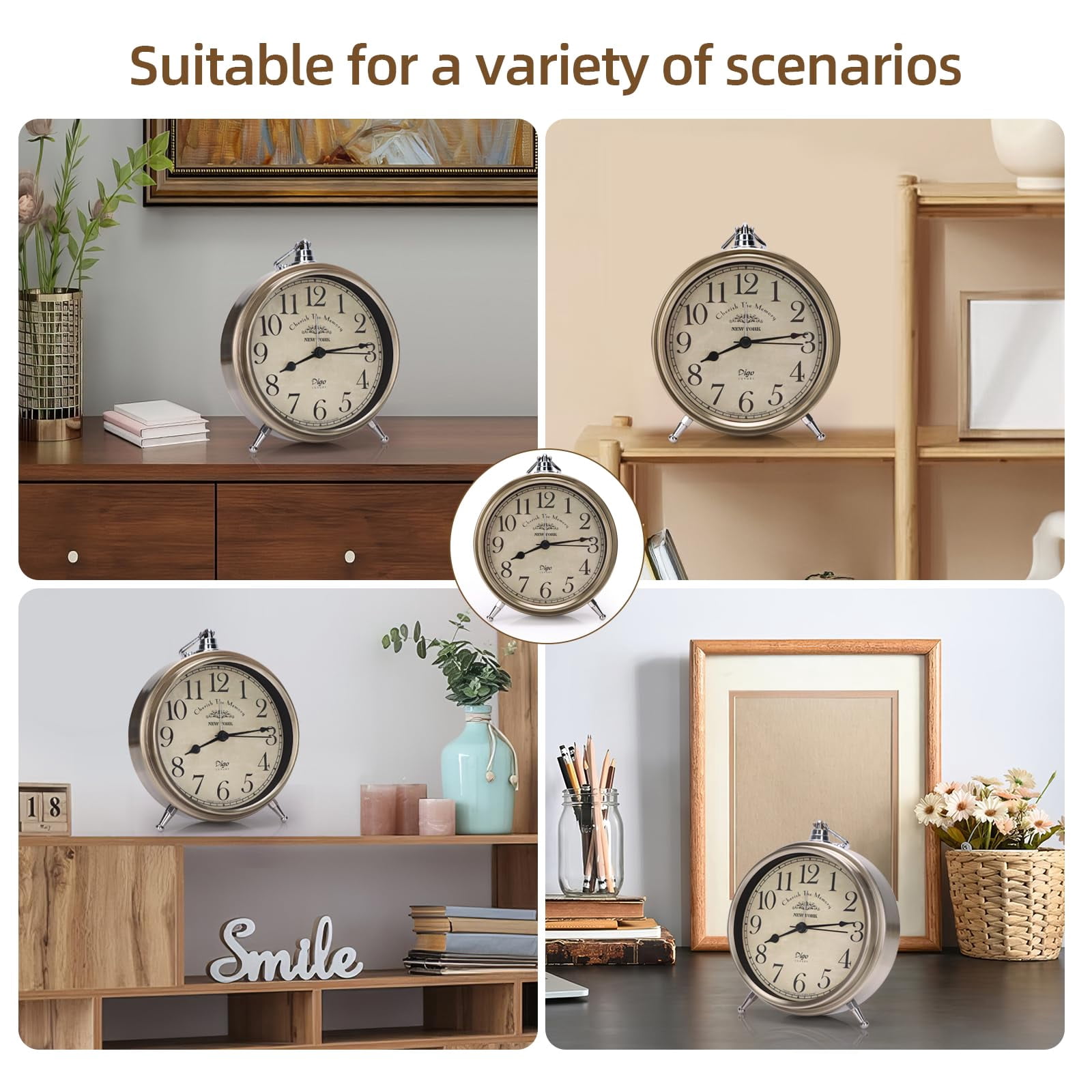 Vintage Table Clock on Stand, Super Silent Non Ticking Small Analog Alarm Clock, Battery Operated Silvery Decorative Clock for Bedside Desk Shelf