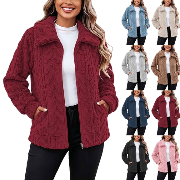 Full Zip Coat for Women Long Sleeve Double-sided Velvet Short Fleece Jacket Loose Warm Outerwear With Pockets