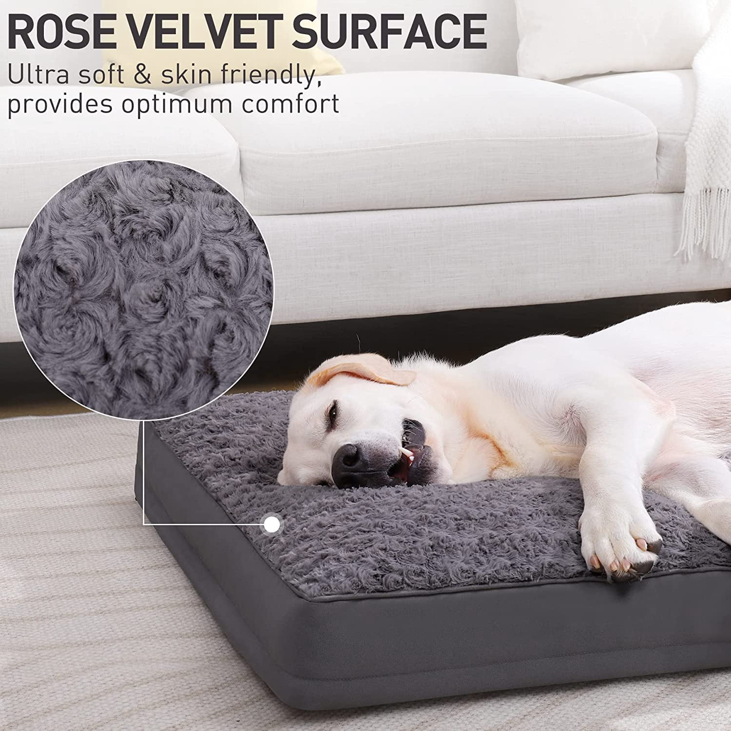 General Dog Crate Bed Waterproof Extra Large Dog Bed Soft Rose Velvet Supportive Kennel Pad Egg Crate Foam with Removable Washable Cover & Non-Slip Bottom, 47 x 29 Inch, Black