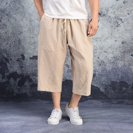 BKQCNKM Mens Shorts Men S Pants Men Baggy Wide Leg Pants Hanging Crotch Bloomers Calf Length Mid Rise Pockets Trousers Running Shorts For Men White 2 5XL