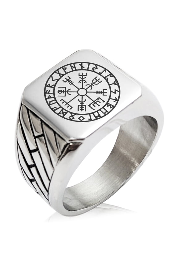 Stainless Steel Icelandic Vegvisir Viking Rune Geometric Pattern Biker Style Polished Ring