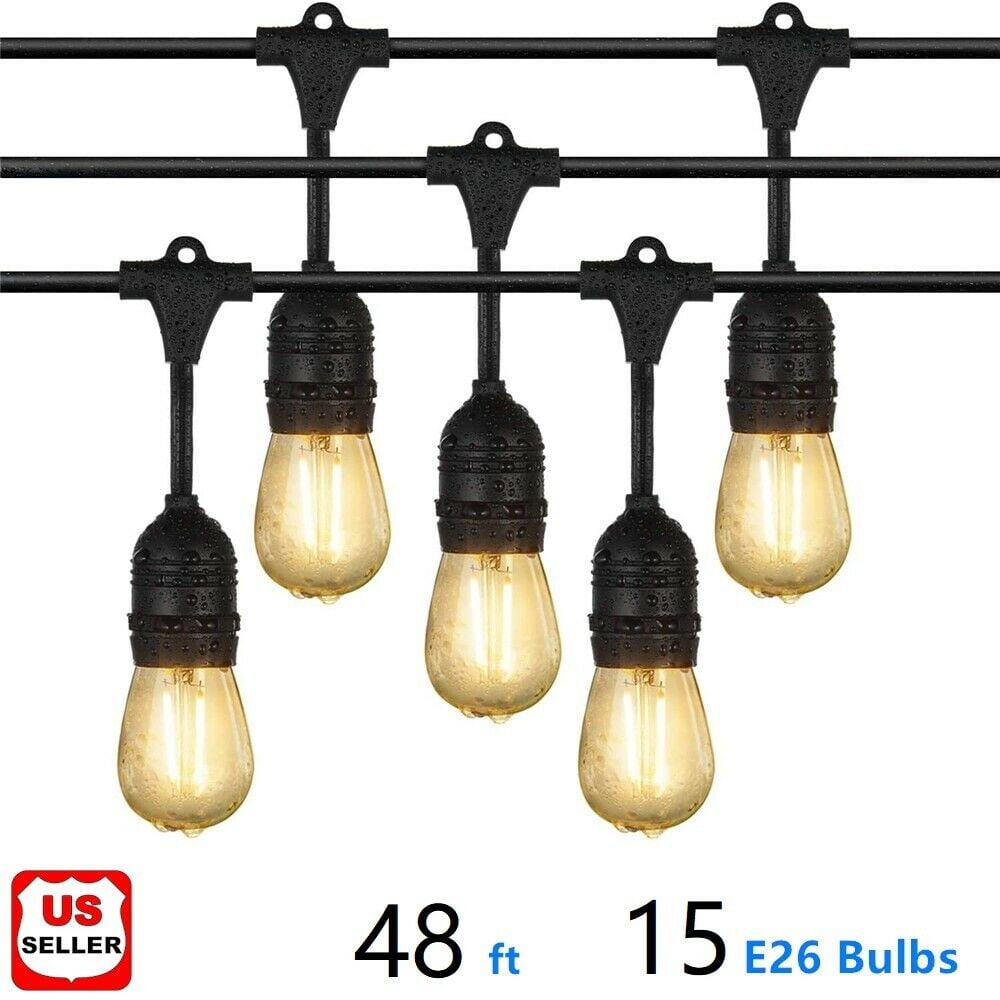 48Ft Outdoor String Lights with 15 Dimmable S14 LED Bulbs, Commercial