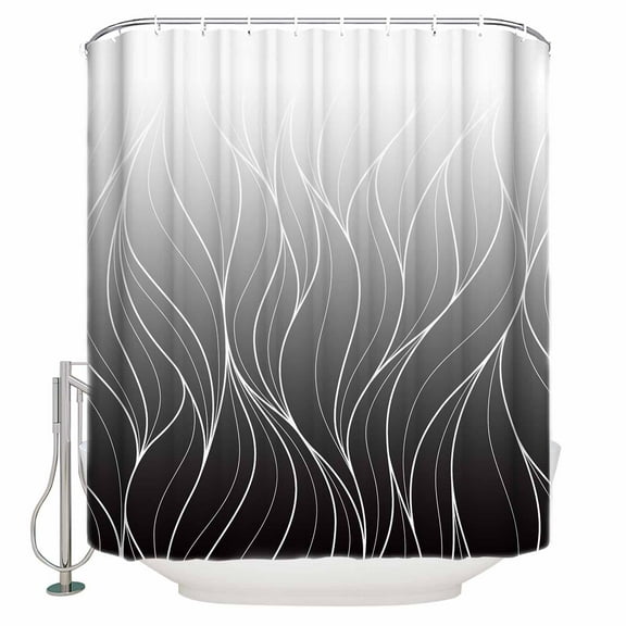 Fabric Shower Curtain Ombre Black Modern Geometric White Striped Design Shower Curtains with 12 Hooks Waterproof Machine Washable Bath Curtains for Bathroom, 36 x 72in