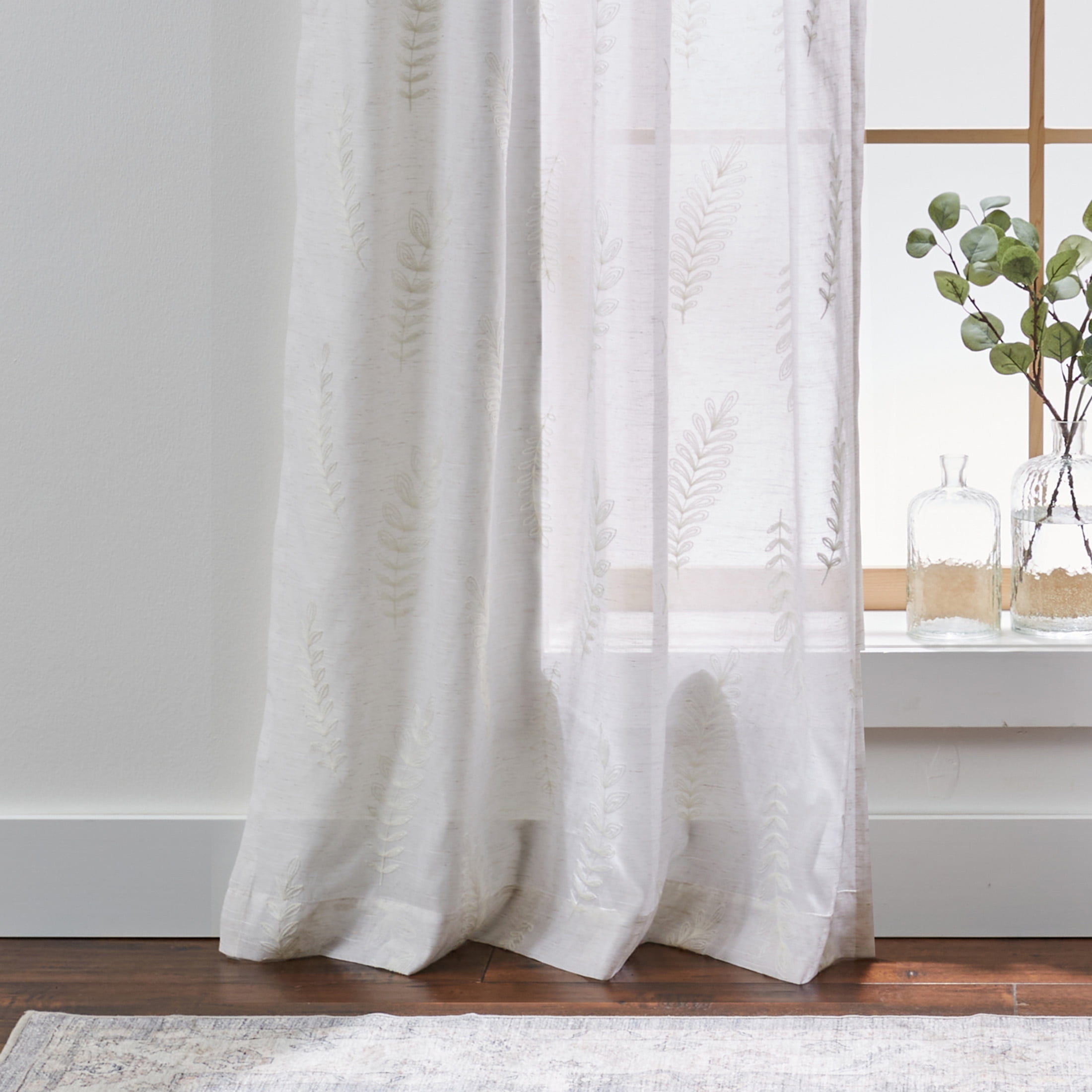 Better Homes & Gardens Embroidered Botanical Sheer Curtain, Single Panel, Vanilla Dream, 50" W x 84" L