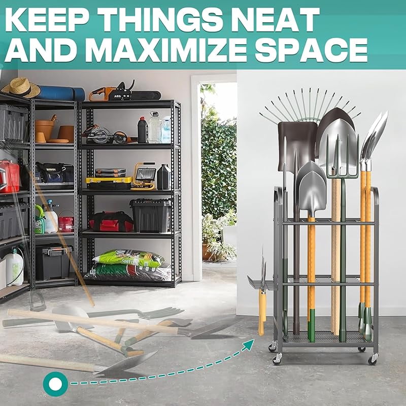 Garden Tool Organizer Stand, Garage Tool Storage Organization, Yard Tool Racks with lockable wheels, Fit for Long-Handled Tools/Rakes/Brooms
