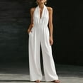 thumbnail image 2 of Kilaqueen Halter Jumpsuits for Women Deep V Neck Sleeveless Elegant Dressy Jumpsuits Casual Cinched Waisted Wide Leg Jumpsuit Boho One Piece Romper with Pockets, 2 of 7