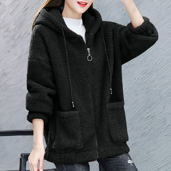 Plus Size Winter Coats for Women M-5X with Pockets and Hooded Fleece Full Zipper Jackets Casual Long Sleeve Loose Solid Warm Outerwear Coat Clearance