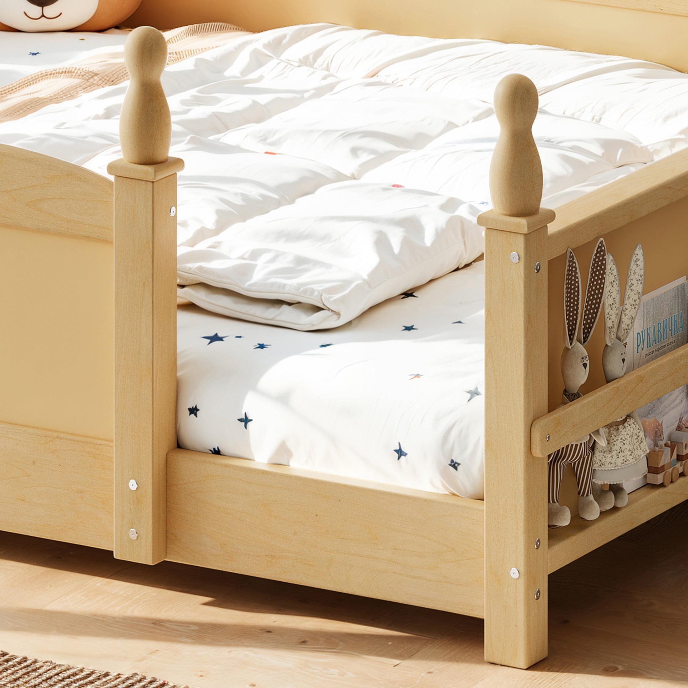 GDF Studio Full Size Montessori Floor Bed with Guardrails & Side Bookshelf, Childlike Design, Natural
