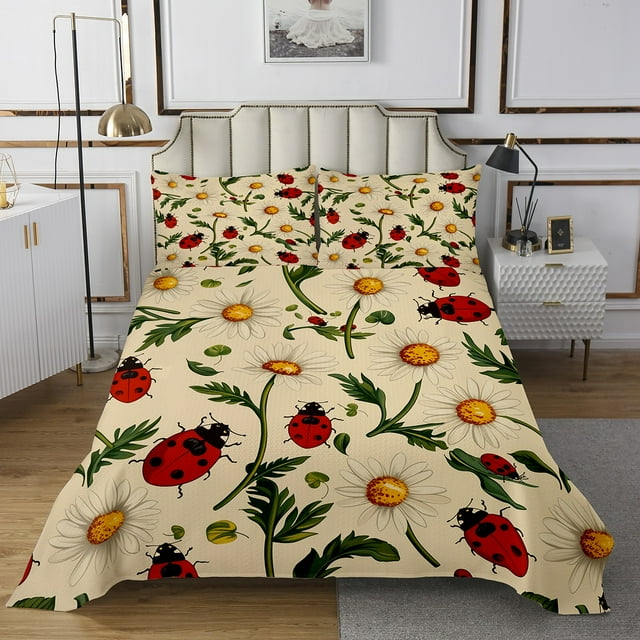 Erosebridal Cartoon Ladybug Coverlet Set Queen, Cute Kawaii Wildlife Animal Insect Bedding Set, Breathable 3 Pieces