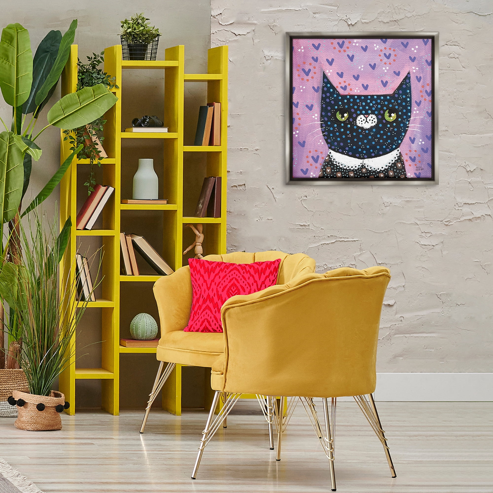 Stupell Industries Whimsical Patterned Cat Animals & Insects Painting Gray Floater Framed Canvas Art Print Wall Art, 25 x 25
