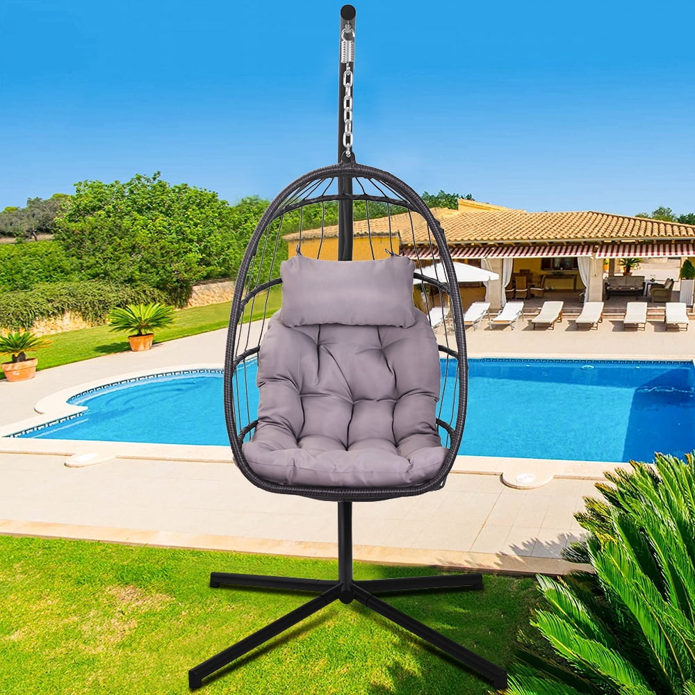 Hanging Wicker Egg Chair with Stand and Gray Cushion, Heavy Duty