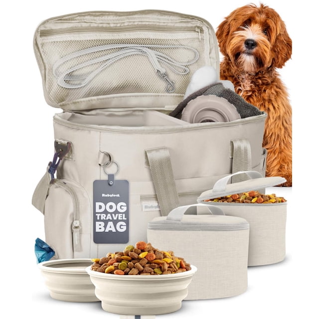 Bolsa de viaje para perro Rubyloo con cuencos y contenedores para comida, beige