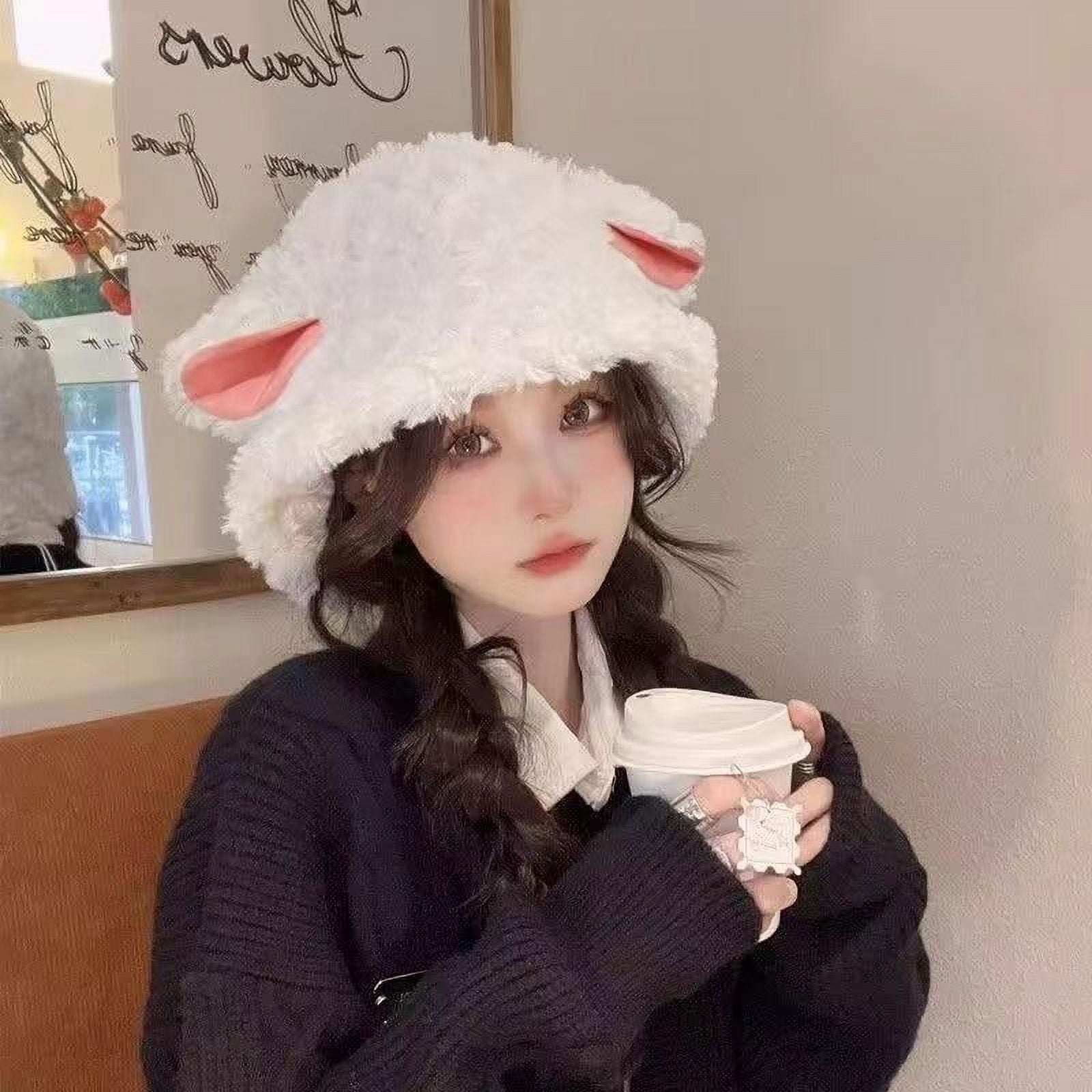 YUANOU Plush Lamb Cute Sheep Ear Hat Fisherman Hat Women Fisherman