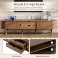 thumbnail image 4 of Wooden Oval TV Stand for TV up to 80", Entertainment Center with Charging Station, Mid-Century Media Console with Sliding Tambour Door & Gold Handle for Living Room, Walnut, 4 of 12
