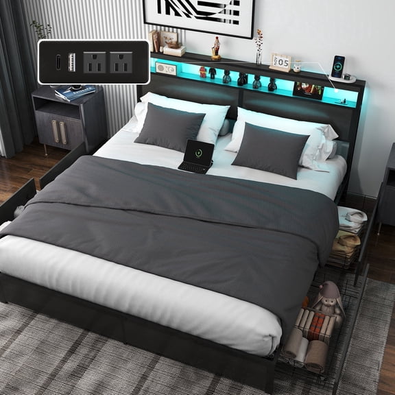 DRNANLIT DRNANLIT King Bed Frame with Storage Headboard, 4 Drawers, LED Light & Charging Station, Dark Grey