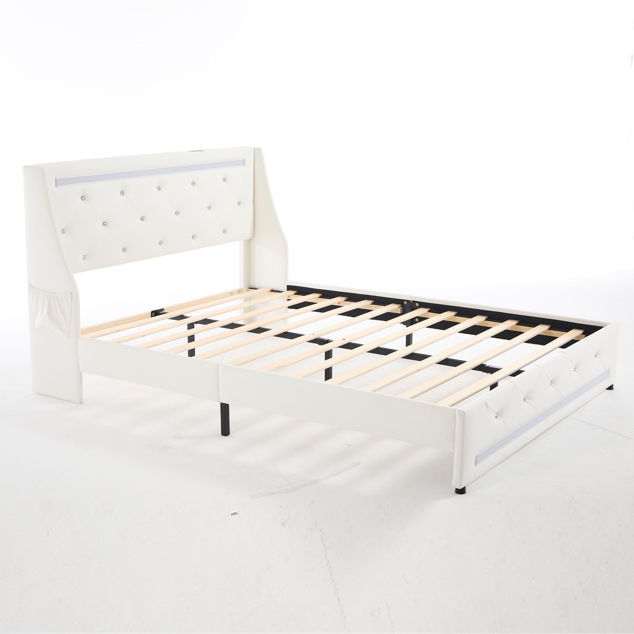 Noble House Eille Queen Size Upholstered Bed Frame with LED Lights & Charging Station, Diamond Headboard, White