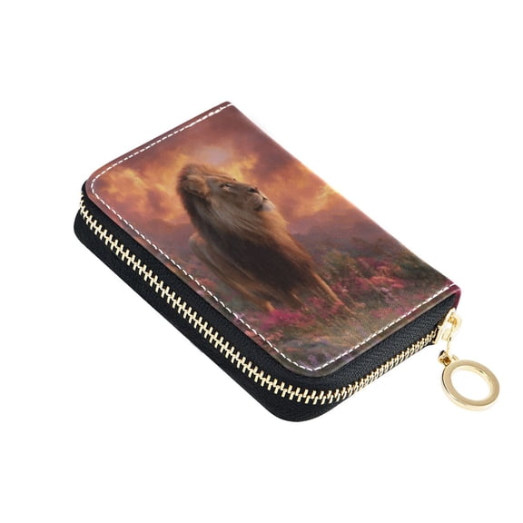 PU Leather Zipper Card Case Wallet Credit Card Holder with 9 Card Slots 4.7" x 3.1" Majestic Powerful Lion