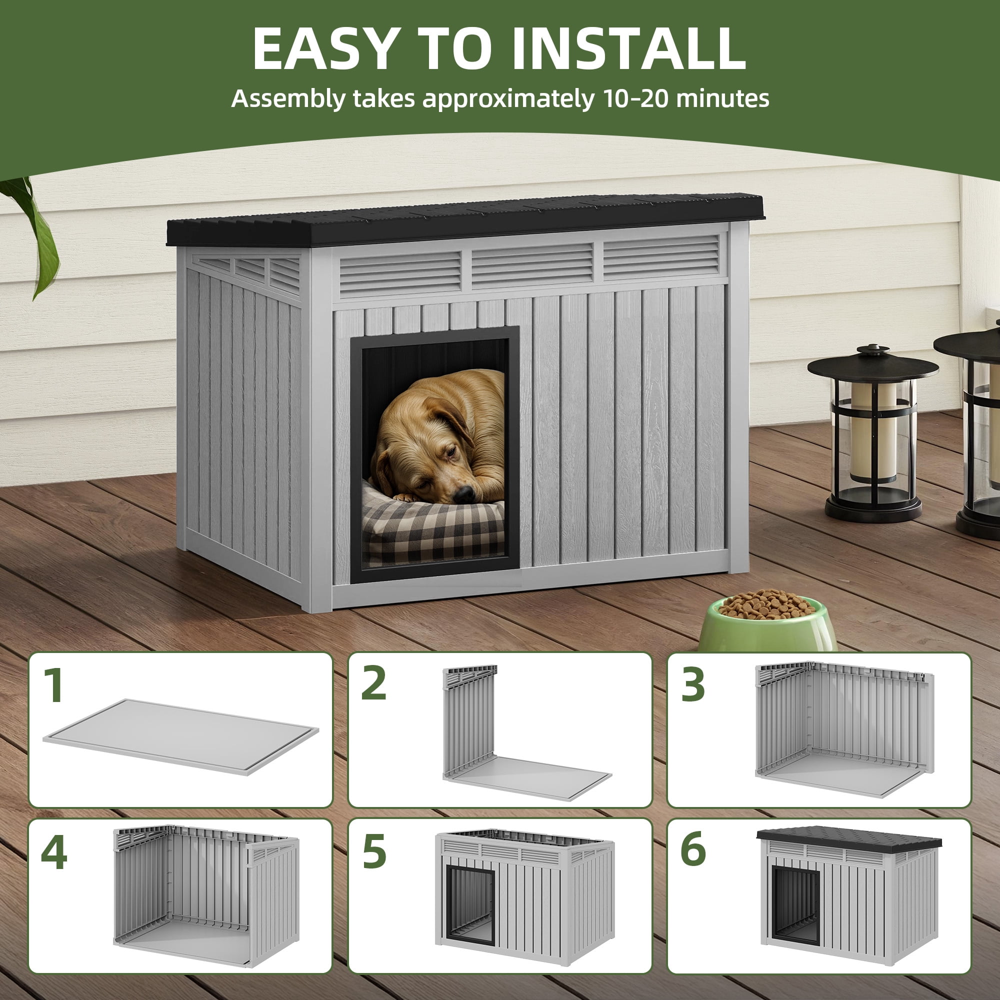Uforic 32" Plastic Dog House, Outdoor Indoor Dog Kennel with Liftable Roof & Good Ventilation for Medium Dogs, Gray