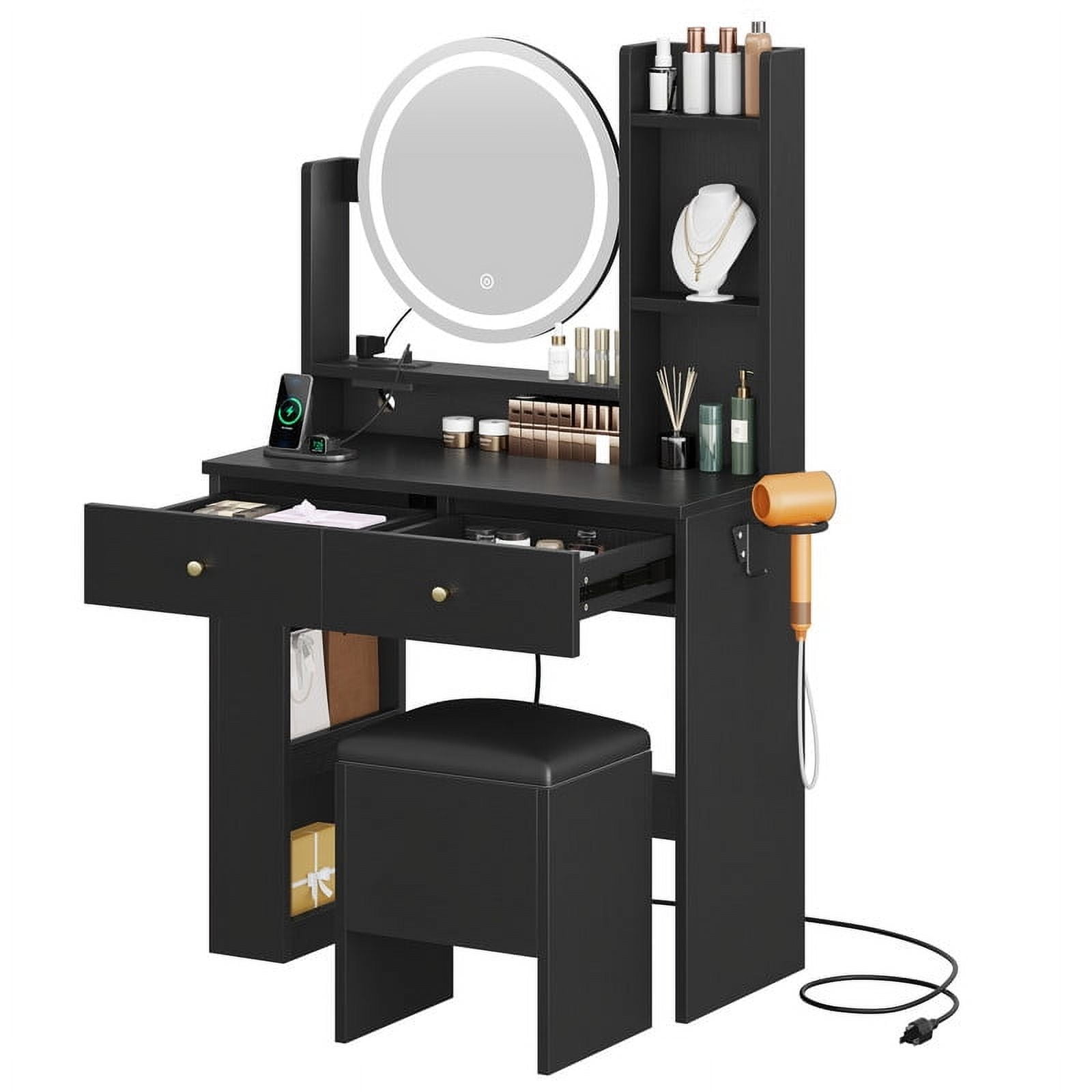 Uforic Makeup Vanity Desk with Lighted Mirror & Charging Station, Makeup Vanity Table Set with 2 Drawers, Small Dressing Table with Cushioned Stool for Girls Bedroom, Black