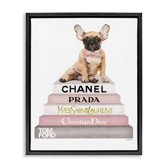 Stupell Industries Watercolor High Fashion Bookstack French Bulldog Jet Black Framed Floating Canvas Wall Art, 16x20, by Amanda Greenwood