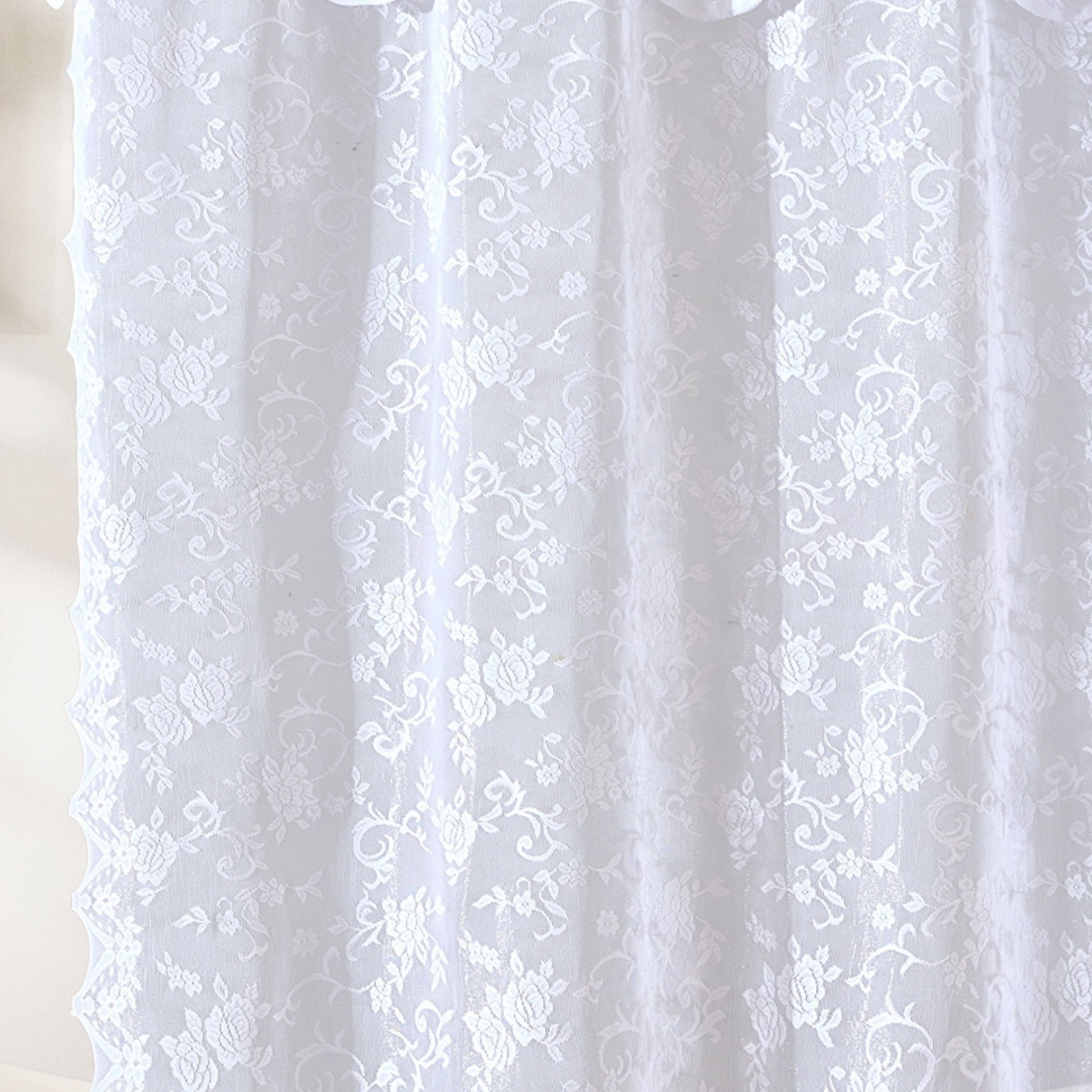 THD Harpy Lace Shower Curtain for Bathroom with Floral Vine Design and Attached Valance – Elegant Victorian Classic Style (White, 72 x 72 Inch)
