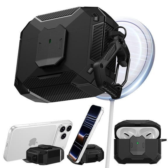 Dteck Rugged Protective Case for Apple AirPods 5 /AirPods 4, Shockproof PC TPU Cover with Carbon Fiber Design, Compatible with MagSafe, Carabiner Clip & Phone Stand Function,Black
