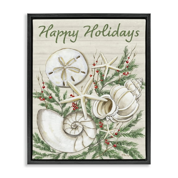 Stupell Industries Holiday Seashells & Holly Holiday Painting Black Floater Framed Canvas Art Print Wall Art, 17 x 21
