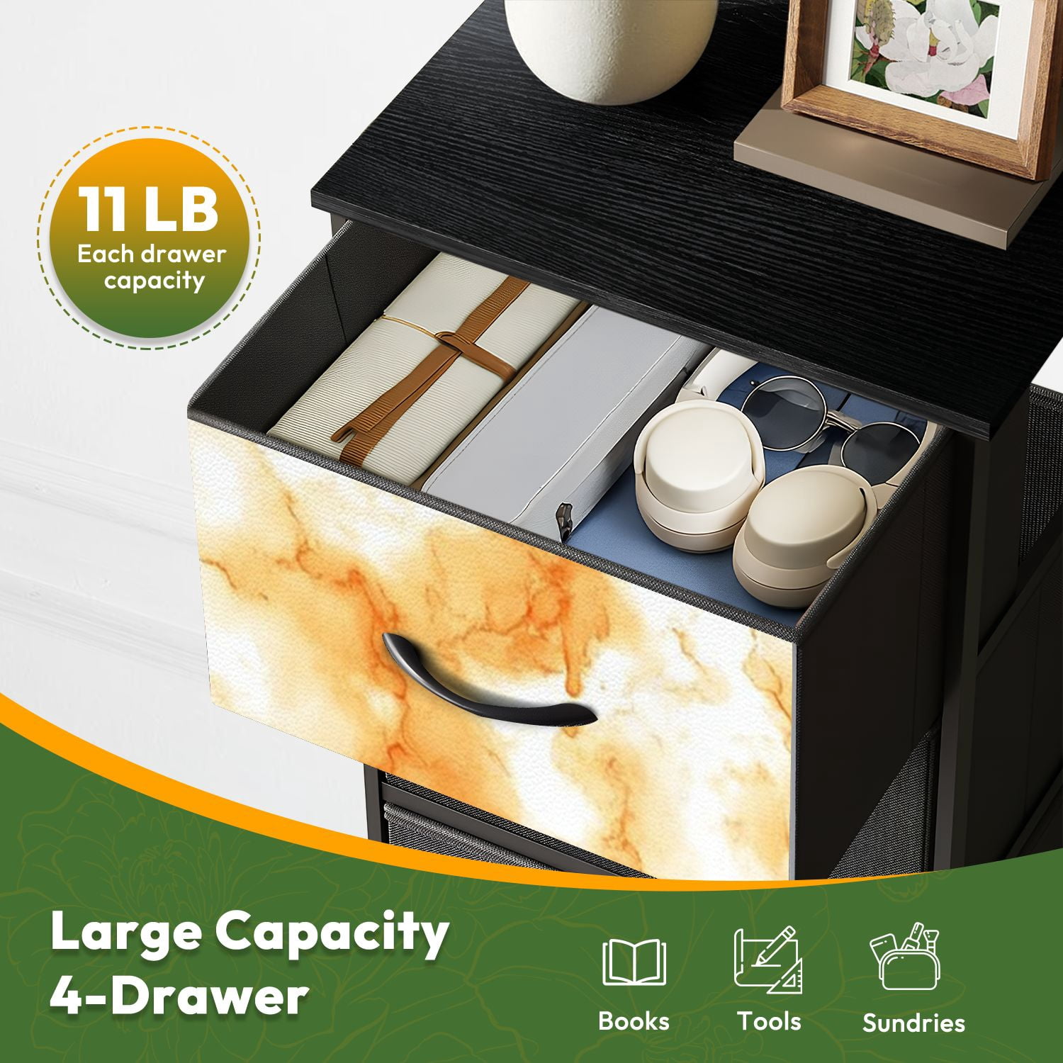 4 Drawer Vertical Storage Dresser Watercolor wash Abstract yellow orange dye spots with Wood Top Fabric Pull Drawers