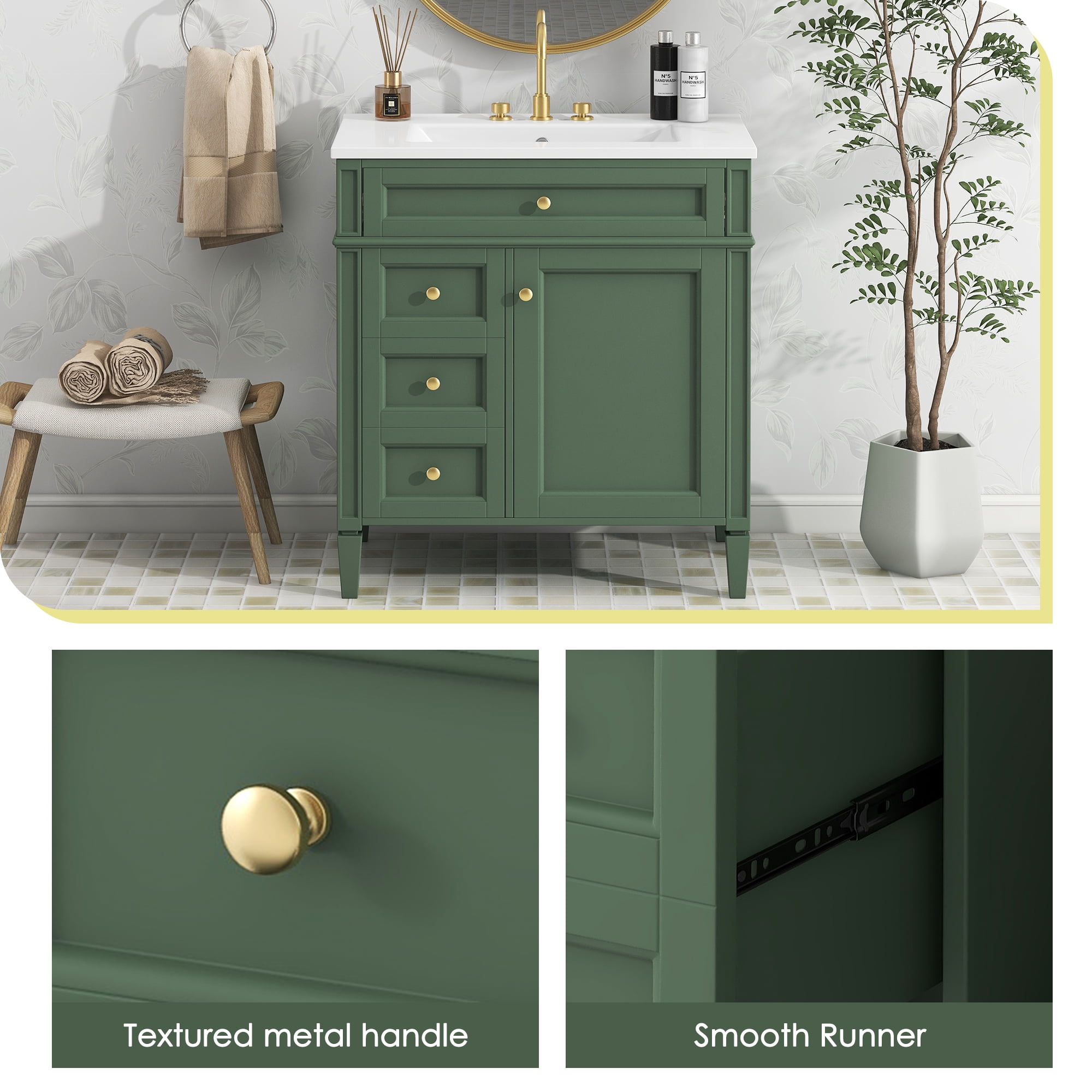Euroco 30” Bathroom Vanity with Sink, Modern Freestanding Bathroom Cabinet with Tip-Out Drawer, Soft-Close Doors & Shelves, Hidden Storage Organizer