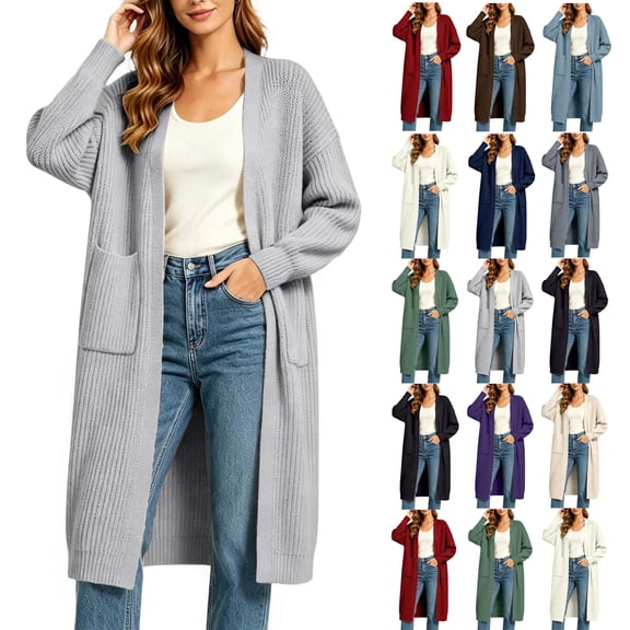 Open Front Cardigan for Women Solid color Warm Ribbed Knit Sweater with Side Pockets Perfect for Autumn & Winter