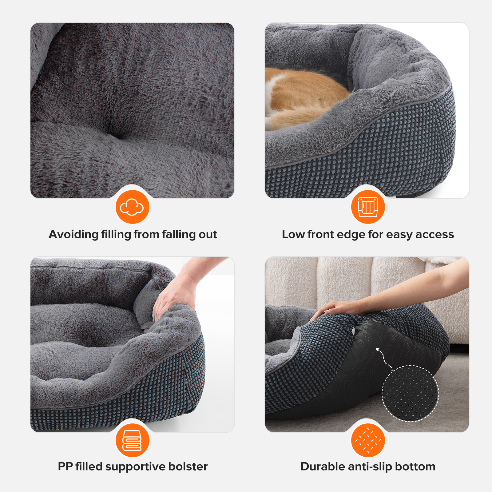 Small Dog Beds Washable, Puppy Beds for Small Dogs, Cat Beds for Indoor Cats, Rectangle Pet Beds with Anti Slip Bottom, Gray, 20"×19"×6"