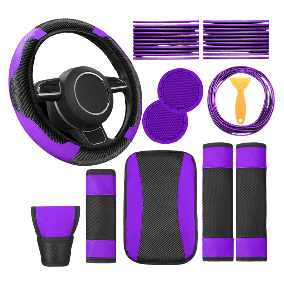 Steering Wheel Cover, Car Steering Wheel Covers, 15 in Fit, Car Gear Shift Cover, Seat Belt Cover Pad, Car Console Cover, Air Vent Inserts, Purple Black Finish, 30 Pc Set