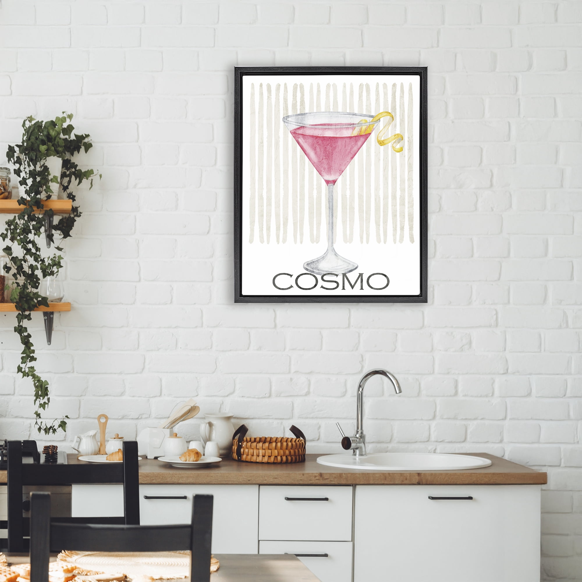 Stupell Industries Pink Cosmo on Stripes Black Framed Floater Canvas Wall Art, design by Kim Allen